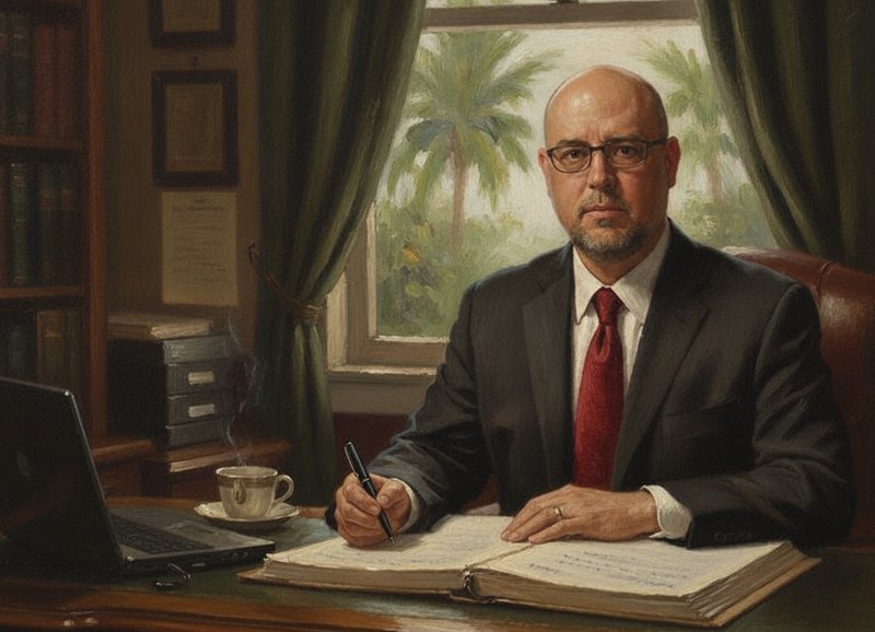 Painted illustration of Dennis reviewing a commercial insurance policy
