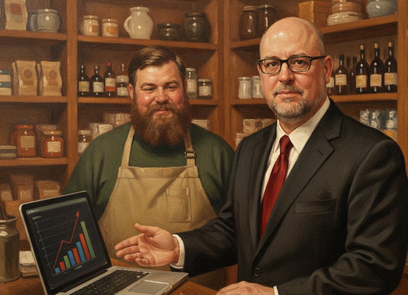Painted illustration of Dennis showing a business owner a marketing plan