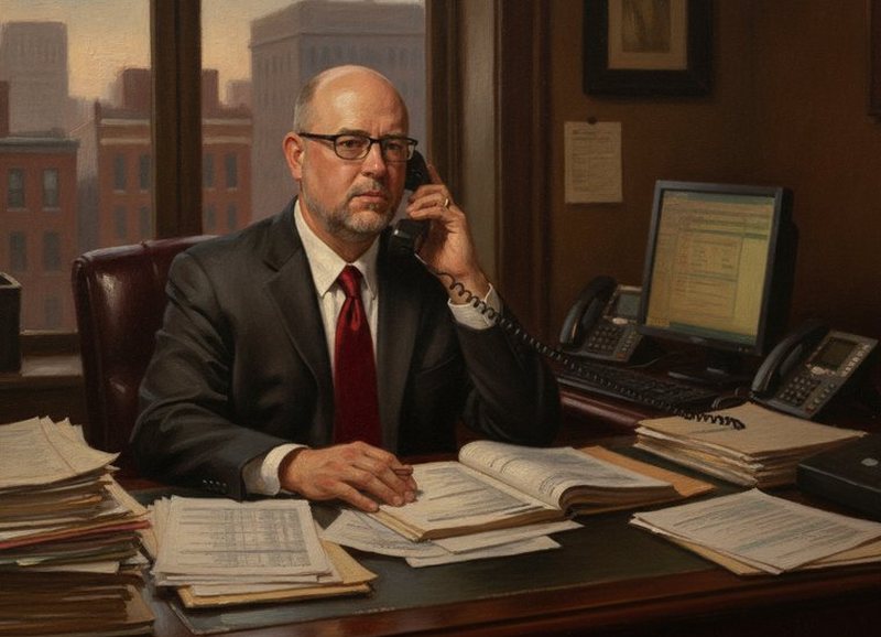 Painted illustration of Dennis at a wholesale mortgage desk