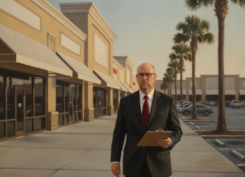 Painted illustration of Dennis walking a Florida shopping center