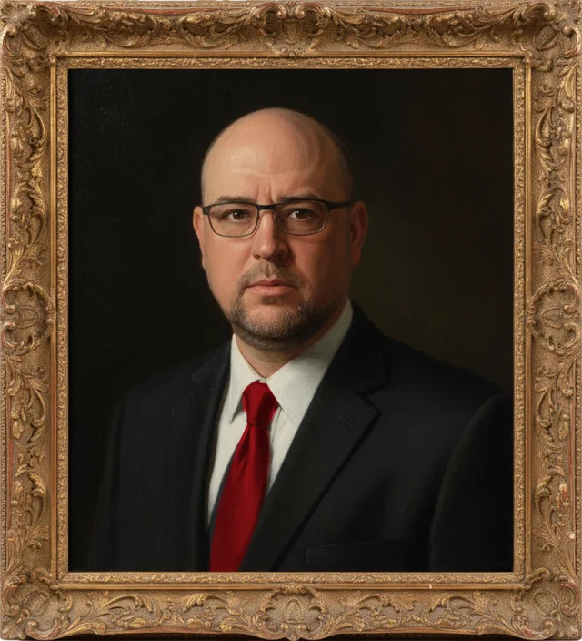 Oil portrait of Dennis Hendrickson in a gilded frame